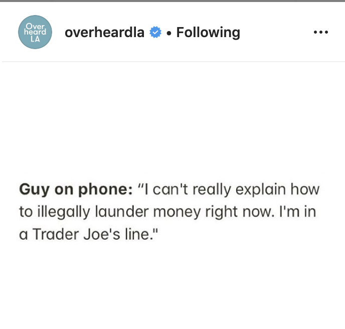 document - Over. heard La overheardla . ing Guy on phone "I can't really explain how to illegally launder money right now. I'm in a Trader Joe's line."