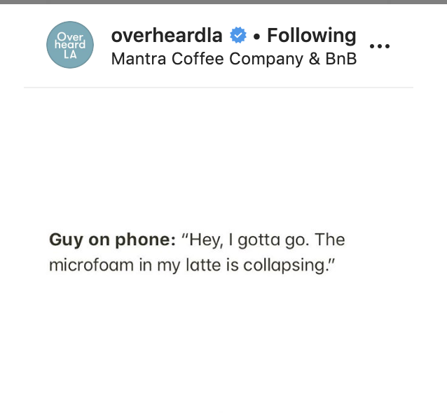 angle - Over heard La overheardla . ing ... Mantra Coffee Company & BnB Guy on phone "Hey, I gotta go. The microfoam in my latte is collapsing."