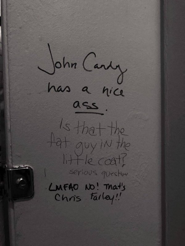handwriting - John Candy has a nice ass. Is that the fat guy in the little coat? serious question .Lmfao No! mat's Chris Farley!!
