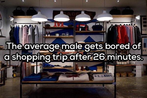 Gal The average male gets bored of a shopping trip after 26 minutes. U.S. Navy