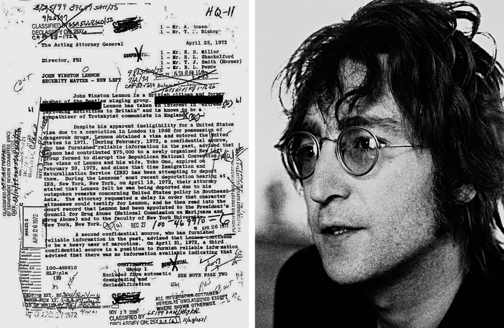 Conspiracy theory - Photo of John Lennon and an FBI document about their surveillance of him
