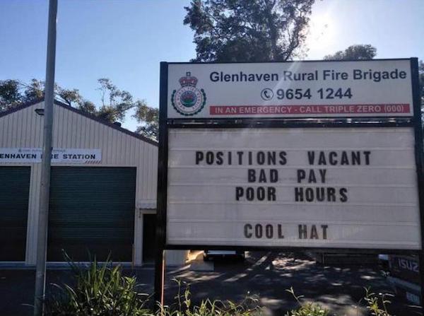 signage - Glenhaven Rural Fire Brigade 9654 1244 In An Emergency Call Triple Zero 0001 Enhaven E Station Positions Vacant Bad Pay Poor Hours Cool Hat |_ Isuz