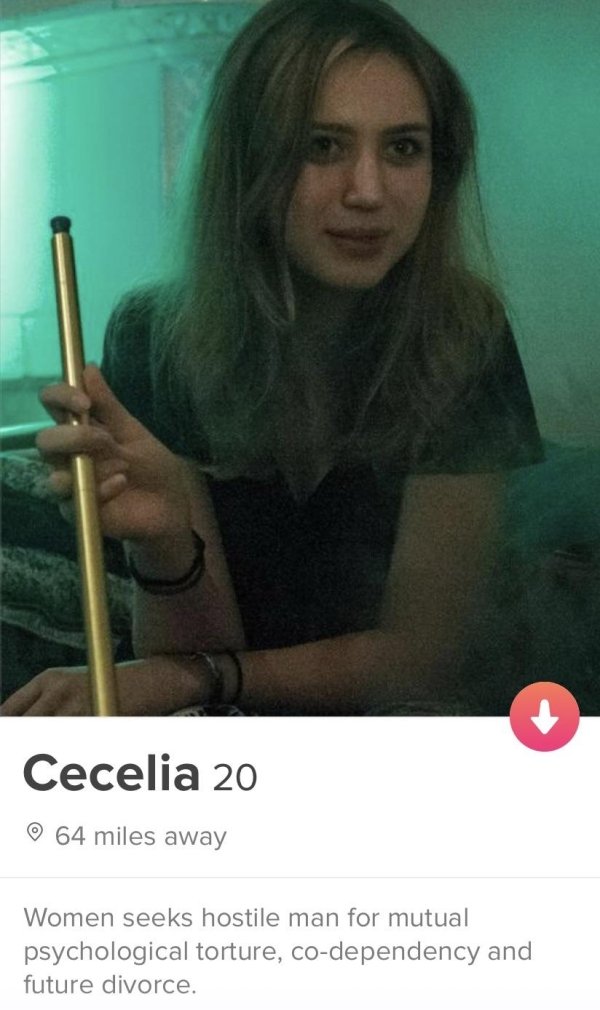 tinder - thicc skipper - Cecelia 20 64 miles away Women seeks hostile man for mutual psychological torture, codependency and future divorce.