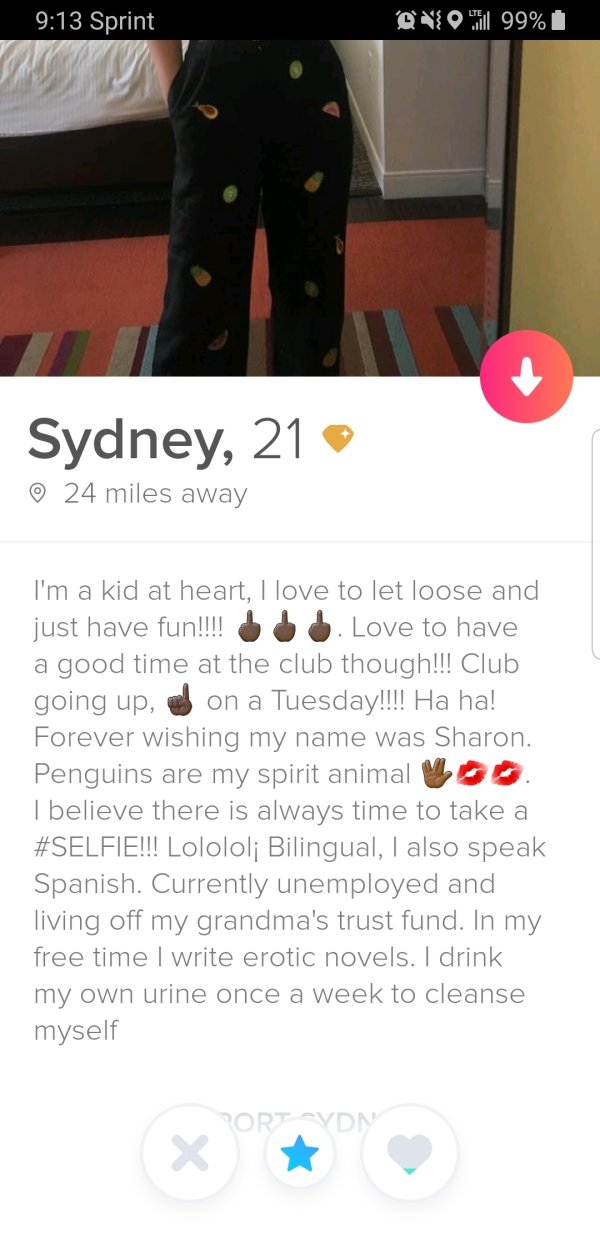 tinder - screenshot - Sprint "Ovo | 99% Sydney, 21 24 miles away I'm a kid at heart, I love to let loose and just have fun!!!! 6. Love to have a good time at the club though!!! Club going up, on a Tuesday!!!! Ha ha! Forever wishing my name was Sharon. Pen