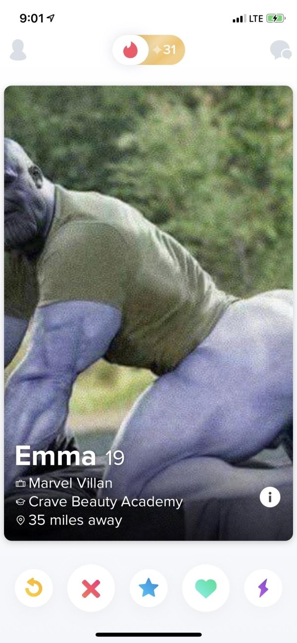 tinder - thicc thanos png - 1 Lte Go 31 Emma 19 O Marvel Villan Crave Beauty Academy 35 miles away