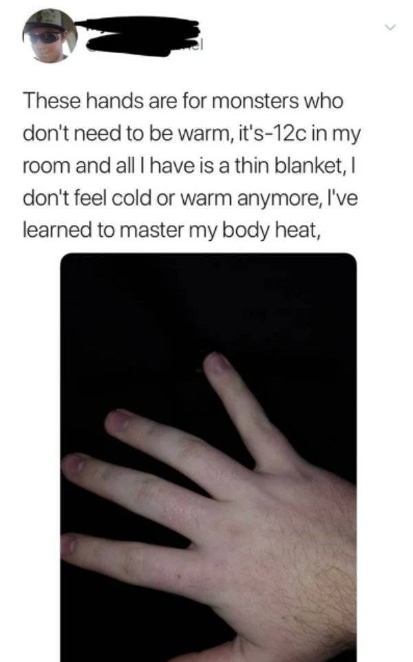 hand model - These hands are for monsters who don't need to be warm, it's12c in my room and all I have is a thin blanket, don't feel cold or warm anymore, I've learned to master my body heat,