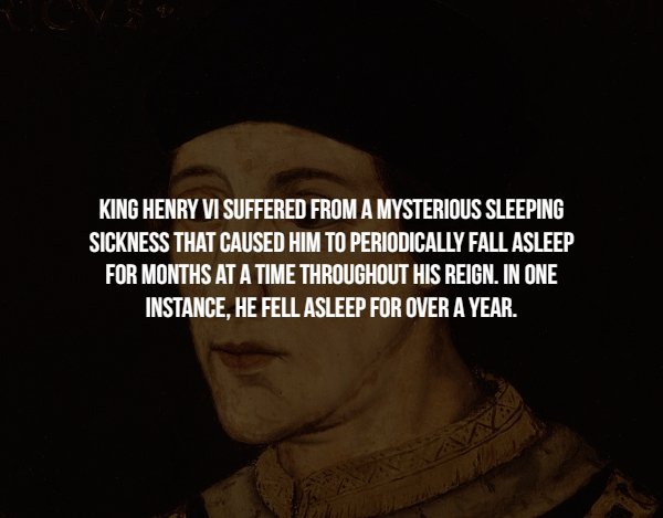 head - King Henry Vi Suffered From A Mysterious Sleeping Sickness That Caused Him To Periodically Fall Asleep For Months At A Time Throughout His Reign. In One Instance, He Fell Asleep For Over A Year.