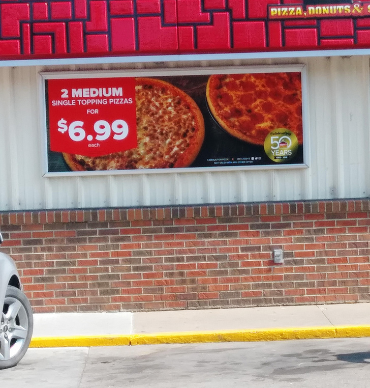 fast food - Pizza, Donuts & 2 Medium Single Topping Pizzas For $6.99 each 50 Years