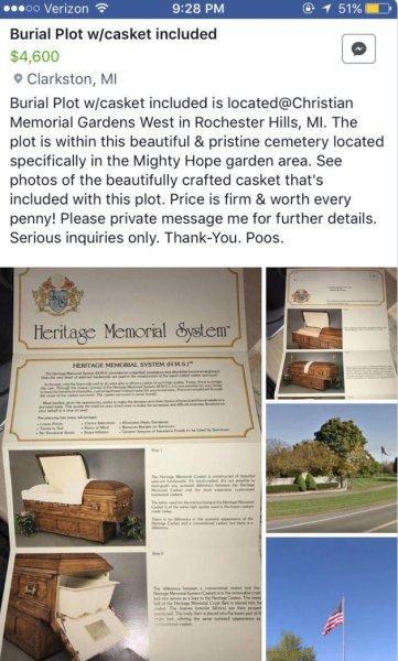 brochure - ...00 Verizon 1 51% D Burial Plot wcasket included $4,600 Clarkston, Mi Burial Plot wcasket included is located Memorial Gardens West in Rochester Hills, Mi. The plot is within this beautiful & pristine cemetery located specifically in the Migh