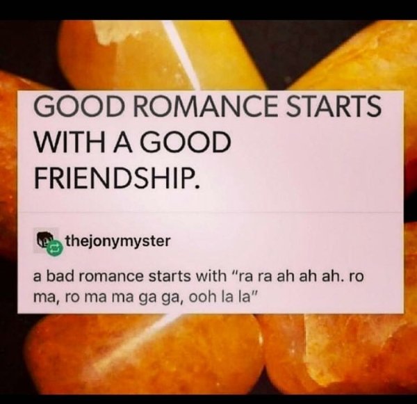 good romance starts with friendship - Good Romance Starts With A Good Friendship. thejonymyster a bad romance starts with "ra ra ah ah ah, ro ma, ro ma ma ga ga, ooh la la"