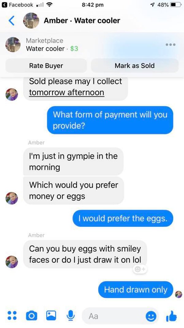 Guy selling his water cooler for eggs starts a feverish bidding war.