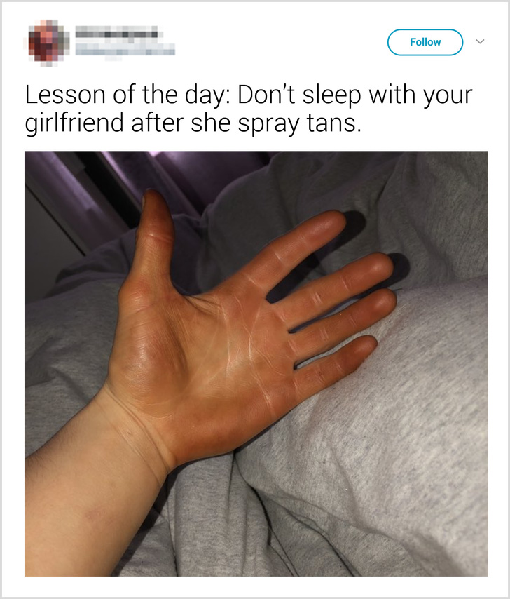 relationship meme of Lesson of the day Don't sleep with your girlfriend after she spray tans.