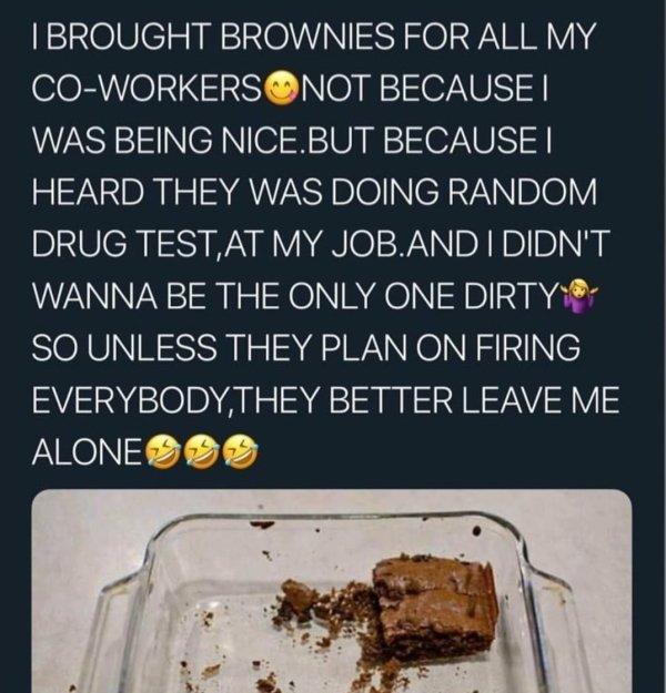 water - I Brought Brownies For All My CoWorkersonot Because I Was Being Nice.But Because I Heard They Was Doing Random Drug Test, At My Job.And I Didn'T Wanna Be The Only One Dirty ; So Unless They Plan On Firing Everybody They Better Leave Me Alone Oo