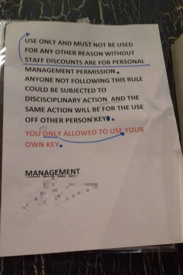 document - Use Only And Must Not Be Used For Any Other Reason Without Staff Discounts Are For Personal Management Permission. Anyone Not ing This Rule Could Be Subjected To Discisciplinary Action And The Same Action Will Be For The Use Off Other Person Ke