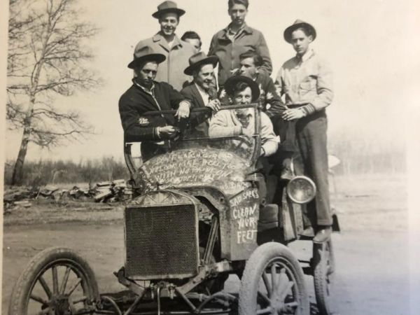 Classmates in a vehicle they built, 1930's.