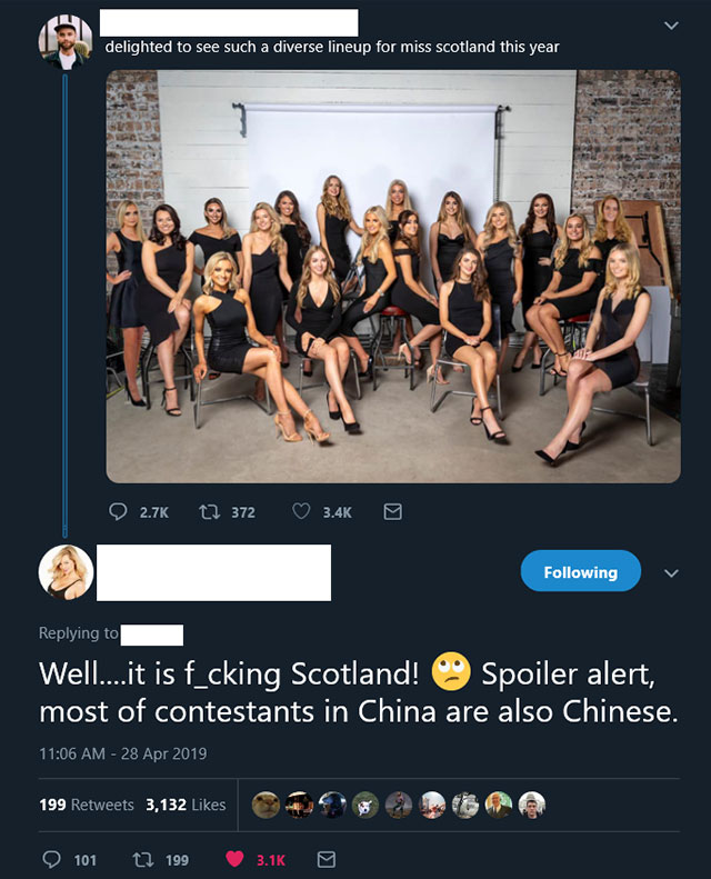 muscle - delighted to see such a diverse lineup for miss scotland this year 67 372 0 ing Well....it is f_cking Scotland! Spoiler alert, most of contestants in China are also Chinese. 199 3,132 a b 101 17 199