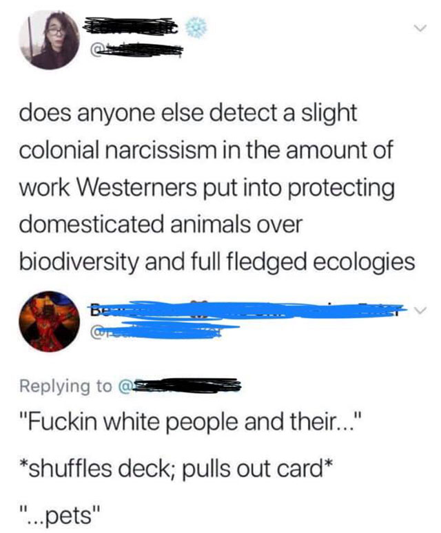 damn white people and their pets - does anyone else detect a slight colonial narcissism in the amount of work Westerners put into protecting domesticated animals over biodiversity and full fledged ecologies Bee as "Fuckin white people and their..." shuffl