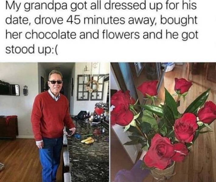 fail pics - grandpa in red sweater - My grandpa got all dressed up for his date, drove 45 minutes away, bought her chocolate and flowers and he got stood up