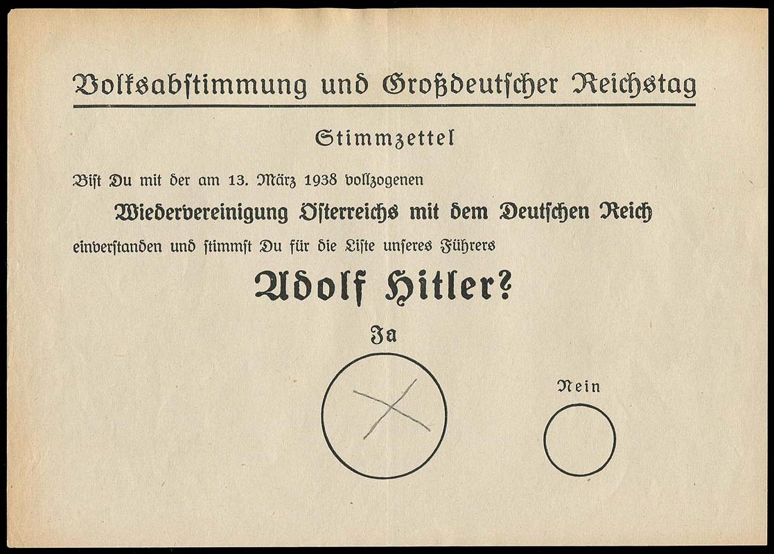 German election ballot, 1938. It reads: “Do you approve of the reunification of Austria with the German reich accomplished on 13 March 1938 and do you vote for the list of our Führer, Adolf Hitler?”