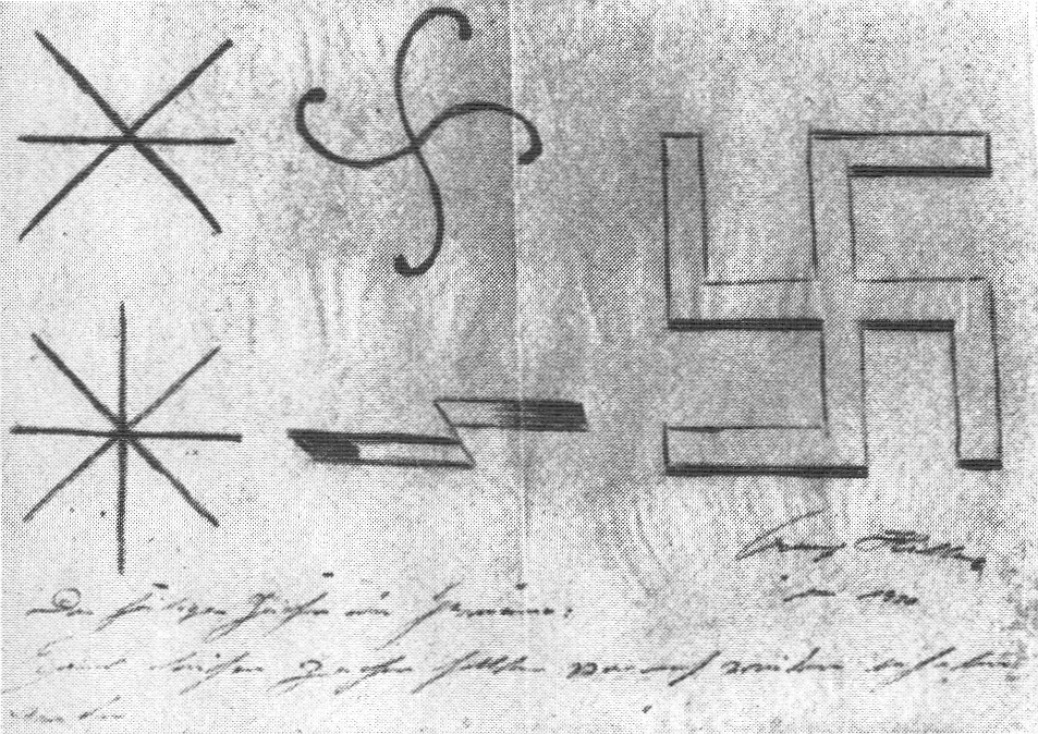 Hitler's doodles when coming up with the Nazi party symbols, 1920.