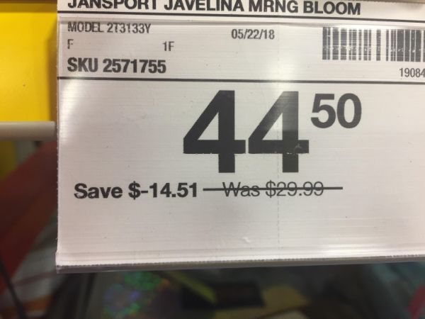 save $- 14.51 - Jansport Javelina Mrng Bloom Model 273133Y 052218 1F Sku 2571755 19084 4450 Save $14.51 Was $29.99