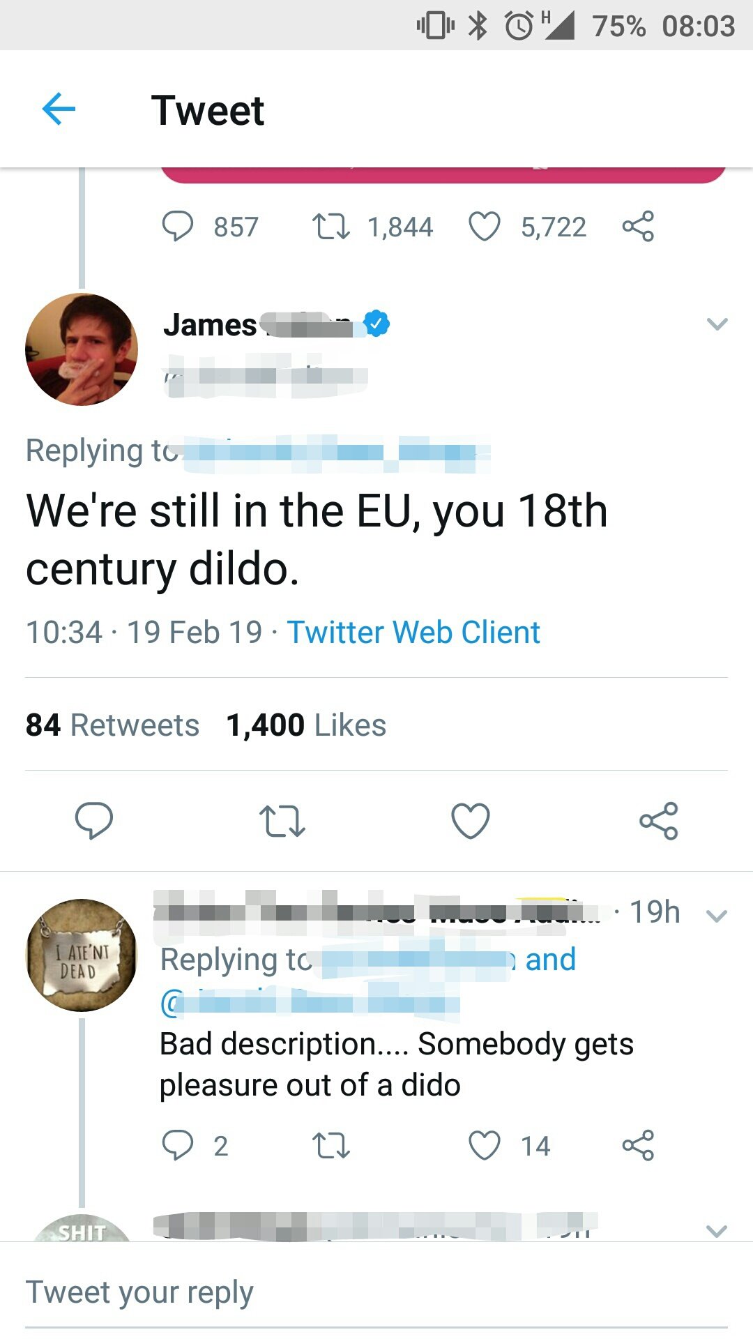 screenshot - % 75% Tweet O 857 22 1,844 5,722 James We're still in the Eu, you 18th century dildo. 19 Feb 19. Twitter Web Client 84 1,400 19h and I Ate'Nt Dead Bad description.... Somebody gets pleasure out of a dido 02 22 14 8 Shit Tweet your