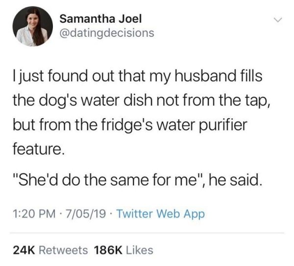 wholesome pics - document - Samantha Joel decisions I just found out that my husband fills the dog's water dish not from the tap, but from the fridge's water purifier feature. "She'd do the same for me", he said. 70519 Twitter Web App 24K