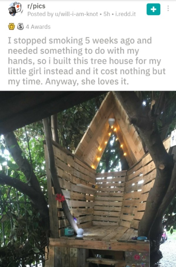 wholesome pics - tree - rpics Posted by uwilliamknot 5h. i.redd.it S 4 Awards I stopped smoking 5 weeks ago and needed something to do with my hands, so i built this tree house for my little girl instead and it cost nothing but my time. Anyway, she loves 