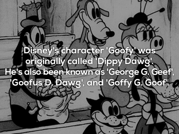 goofy old version - Disney's character 'Goofy' was originally called "Dippy Dawgs He's also been known as 'George G. Geef "Goofus D. Dawg', and 'Goffy G. Goof,