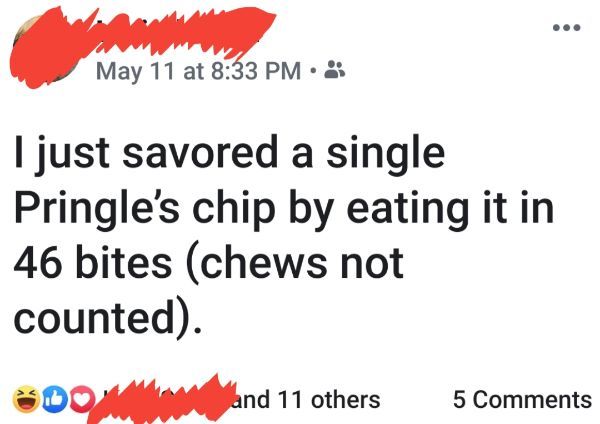 madlads - point - May 11 at I just savored a single Pringle's chip by eating it in 46 bites chews not counted. and 11 others 5