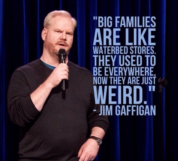 jim gaffigan jokes - "Big Families Are Waterbed Stores. They Used To Be Everywhere, Now They Are Just Weird. Jim Gaffigan