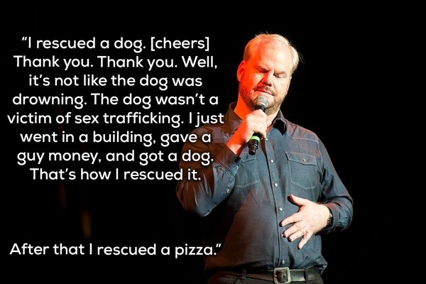 jim gaffigan rescue dog - I rescued a dog. cheers Thank you. Thank you. Well, it's not the dog was drowning. The dog wasn't a victim of sex trafficking. I just went in a building, gave a guy money, and got a dog. That's how I rescued it. After that I resc