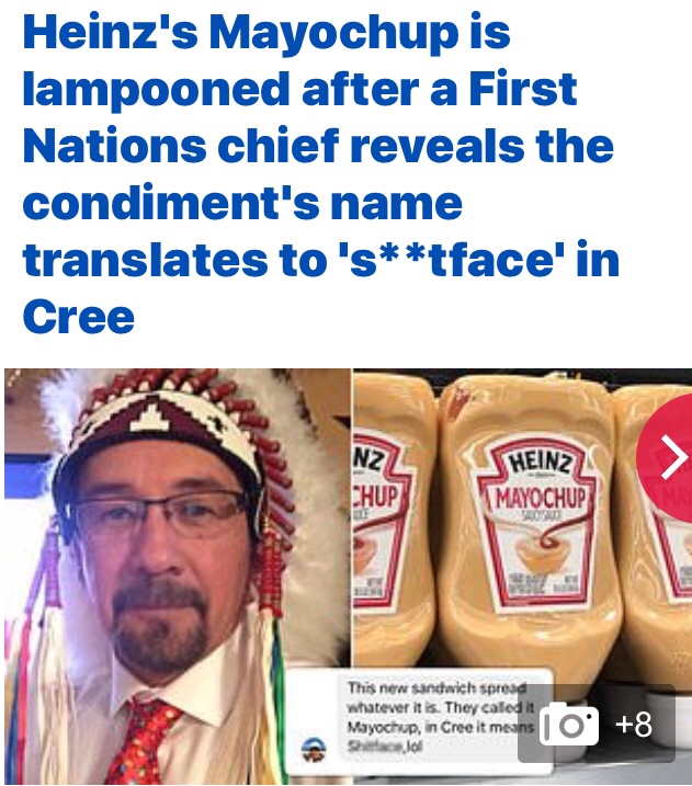 meme mayochup means shitface - Heinz's Mayochup is lampooned after a First Nations chief reveals the condiment's name translates to 'stface' in Cree N2 Heinz Mayochup Chup This new Sandwich spread whatever it is. They caled it Mayochup, in Cree it means S