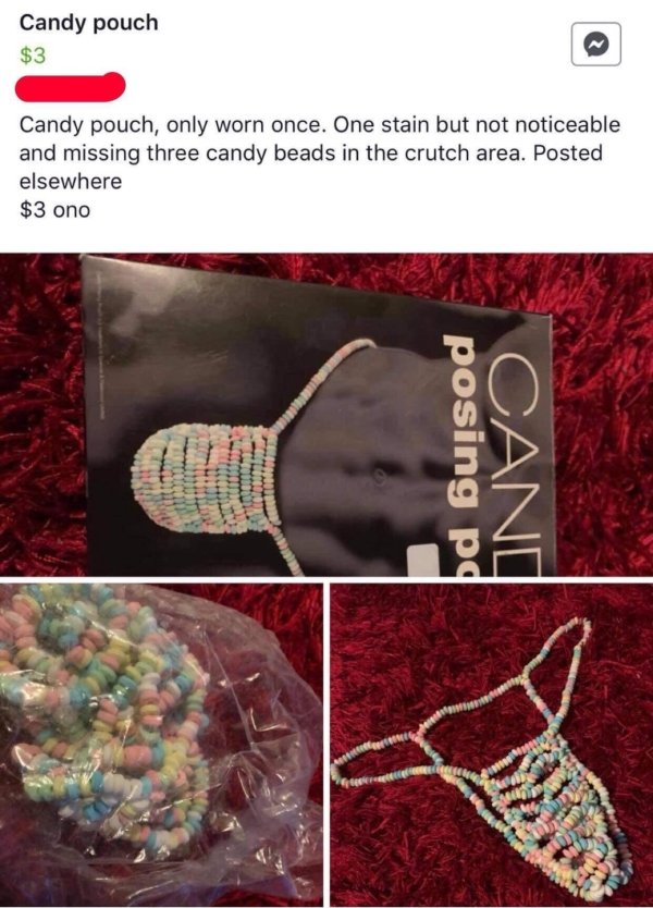 crochet - Candy pouch $3 Candy pouch, only worn once. One stain but not noticeable and missing three candy beads in the crutch area. Posted elsewhere $3 ono posing po Cane
