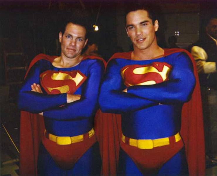 Stunt double Scott Leva and Dean Cain on the set of Lois & Clark: The N...