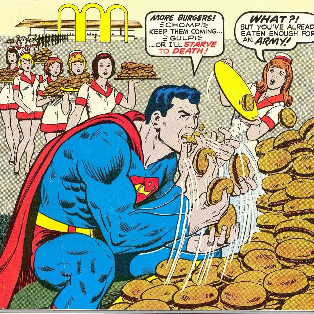 funny memes - meme of super hero eating - More Burgers! Chomp! Keep Them Coming... Gulp!S ...Or I'Ll Starve To Death!! What?! But You'Ve Alread Eaten Enough For An Army l . Bb