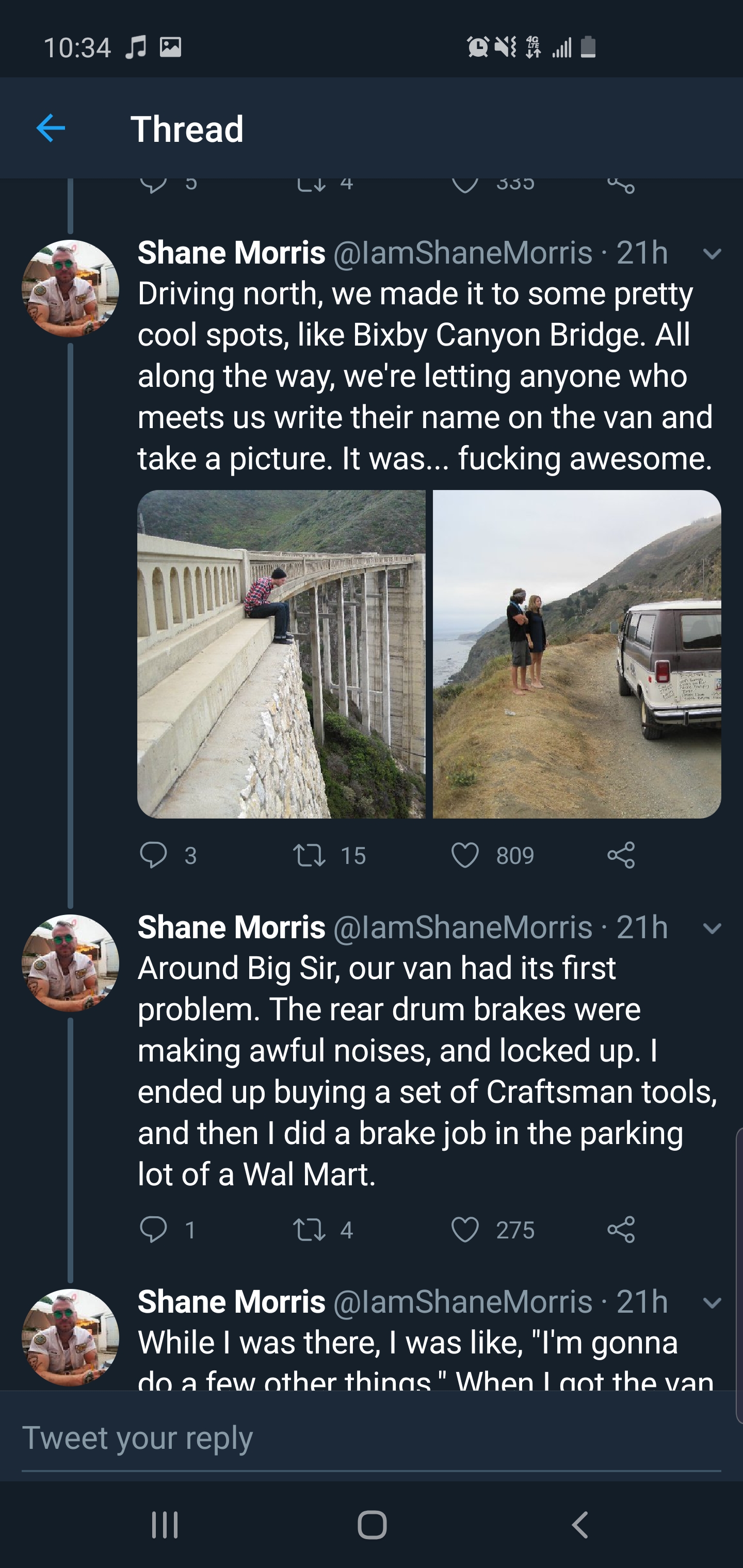 screenshot - Je Aaa Thread 33 Shane Morris 21h Driving north, we made it to some pretty cool spots, Bixby Canyon Bridge. All along the way, we're letting anyone who meets us write their name on the van and take a picture. It was... fucking awesome. O 3 11