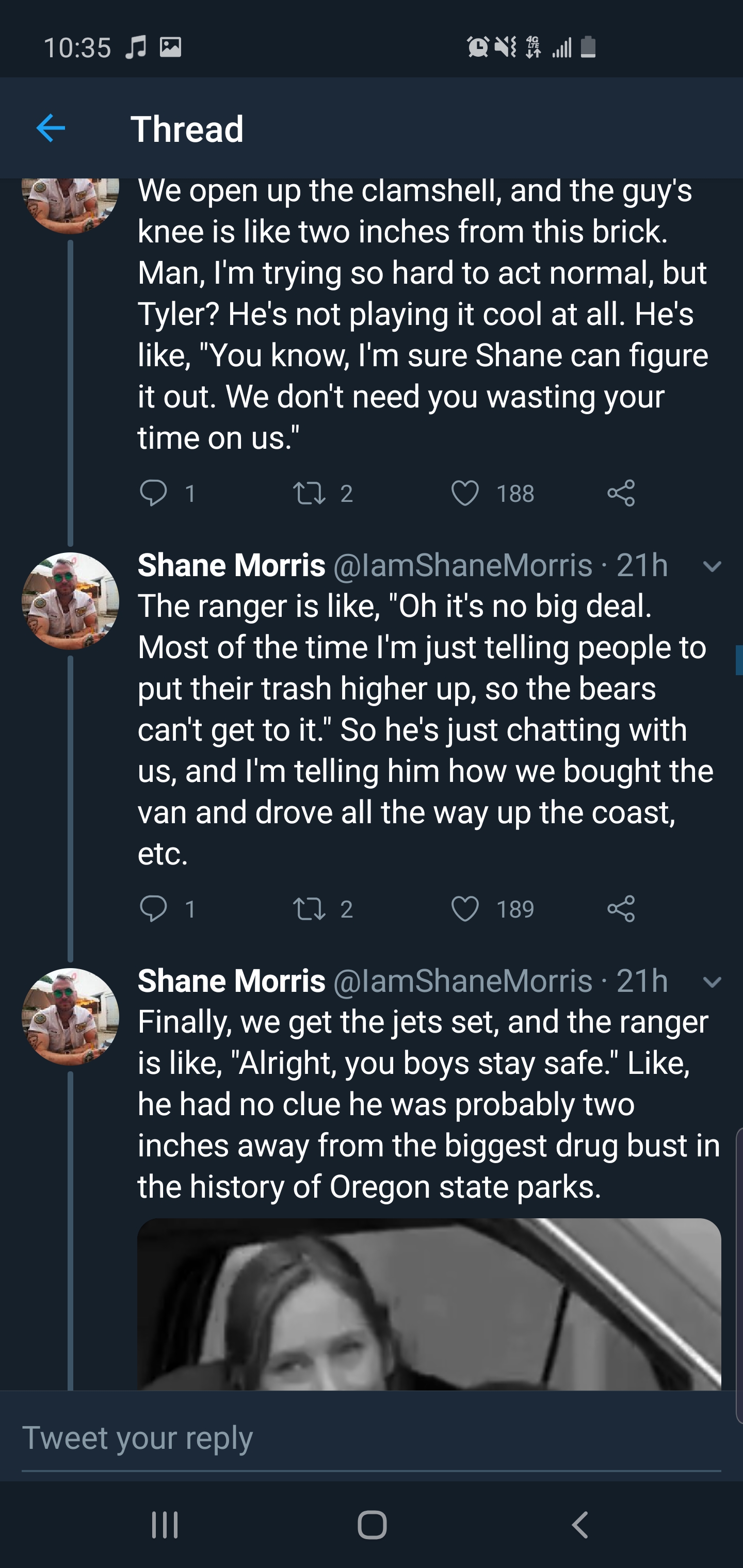 screenshot - 15 Ona A Thread We open up the clamshell, and the guy's knee is two inches from this brick. Man, I'm trying so hard to act normal, but Tyler? He's not playing it cool at all. He's , "You know, I'm sure Shane can figure it out. We don't need y