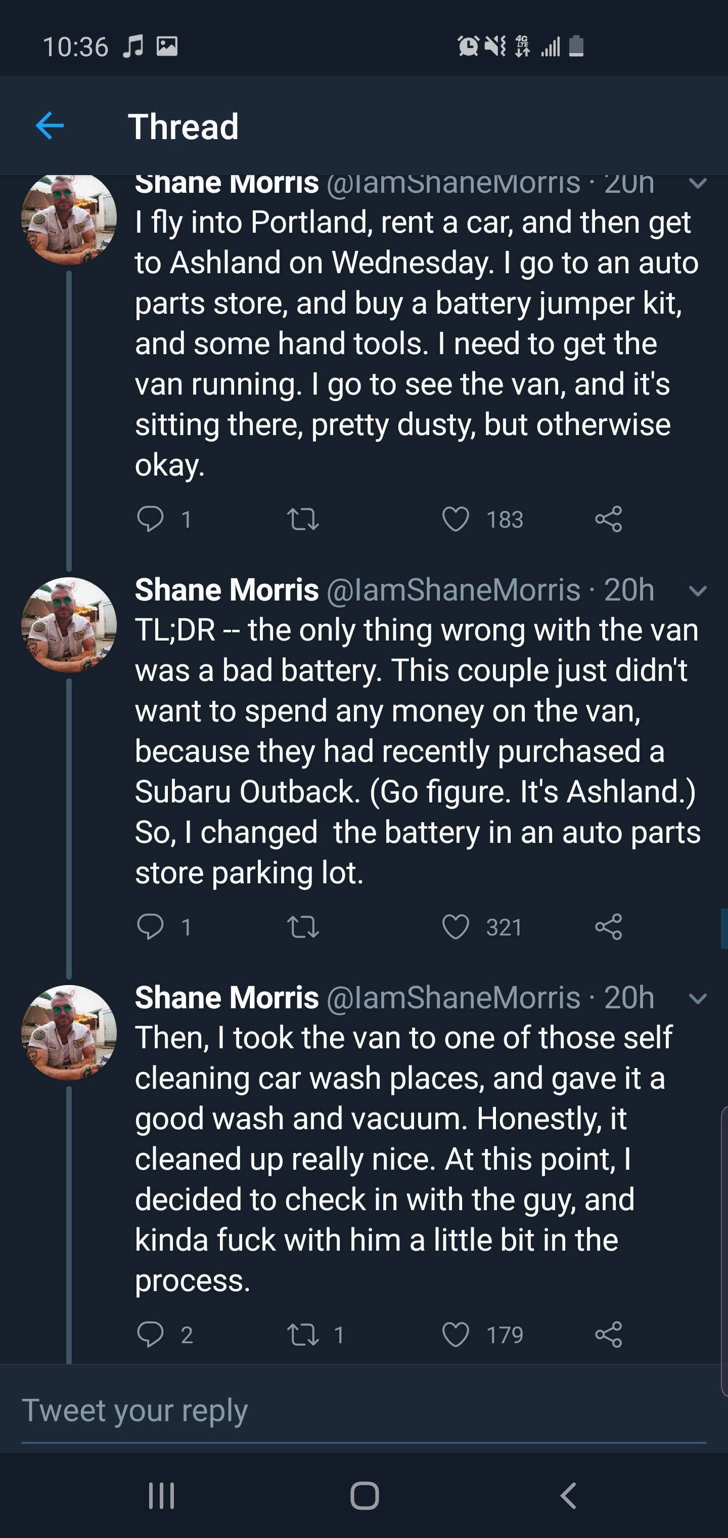 screenshot - On Thread Shane Mortis alamShanelvomis. Jun I fly into Portland, rent a car, and then get to Ashland on Wednesday. I go to an auto parts store, and buy a battery jumper kit and some hand tools. I need to get the van running, I go to see the v