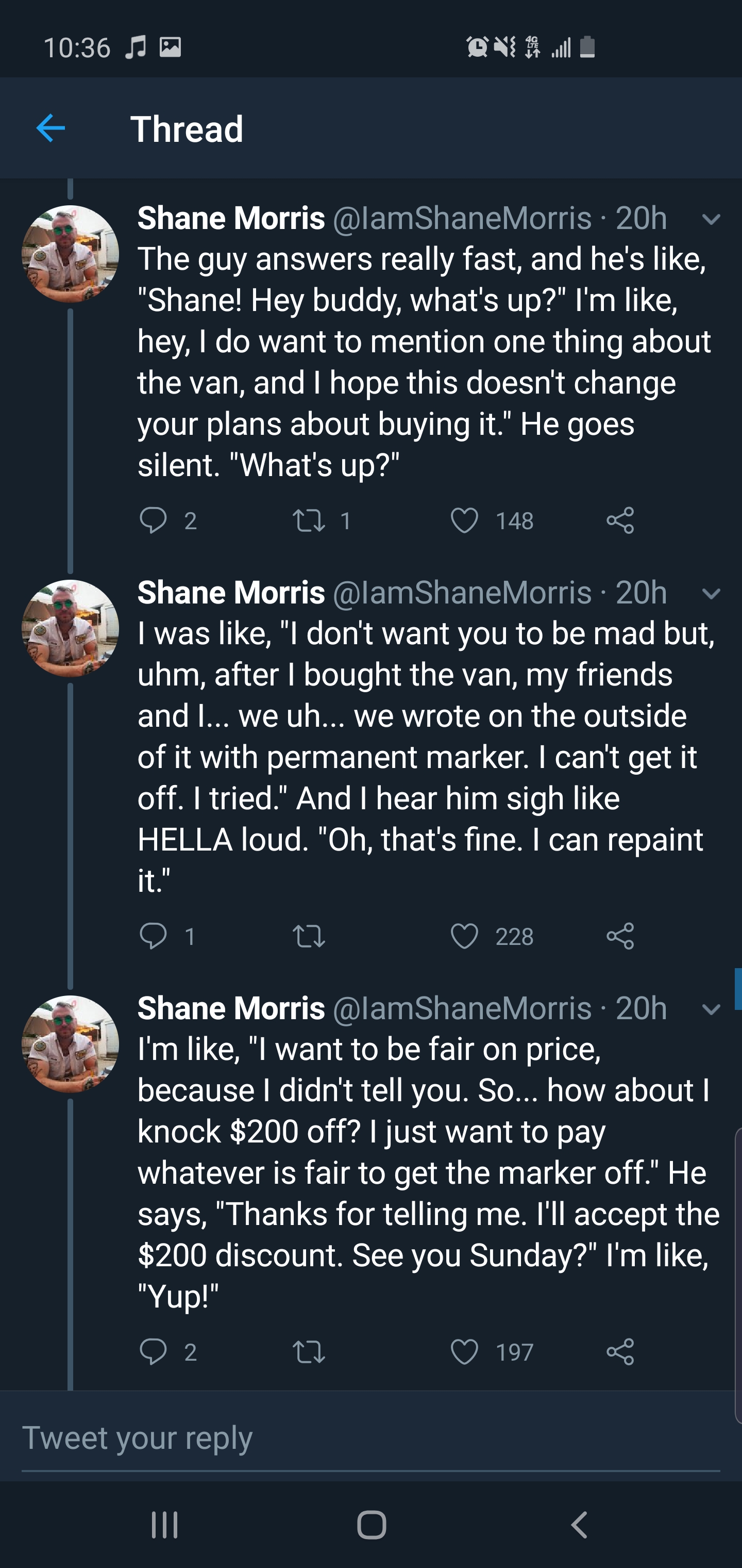 screenshot - A On Thread Shane Morris 20h The guy answers really fast, and he's , "Shanel Hey buddy, what's up?" I'm , hey, I do want to mention one thing about the van, and I hope this doesn't change your plans about buying it' He goes silent. "What's up