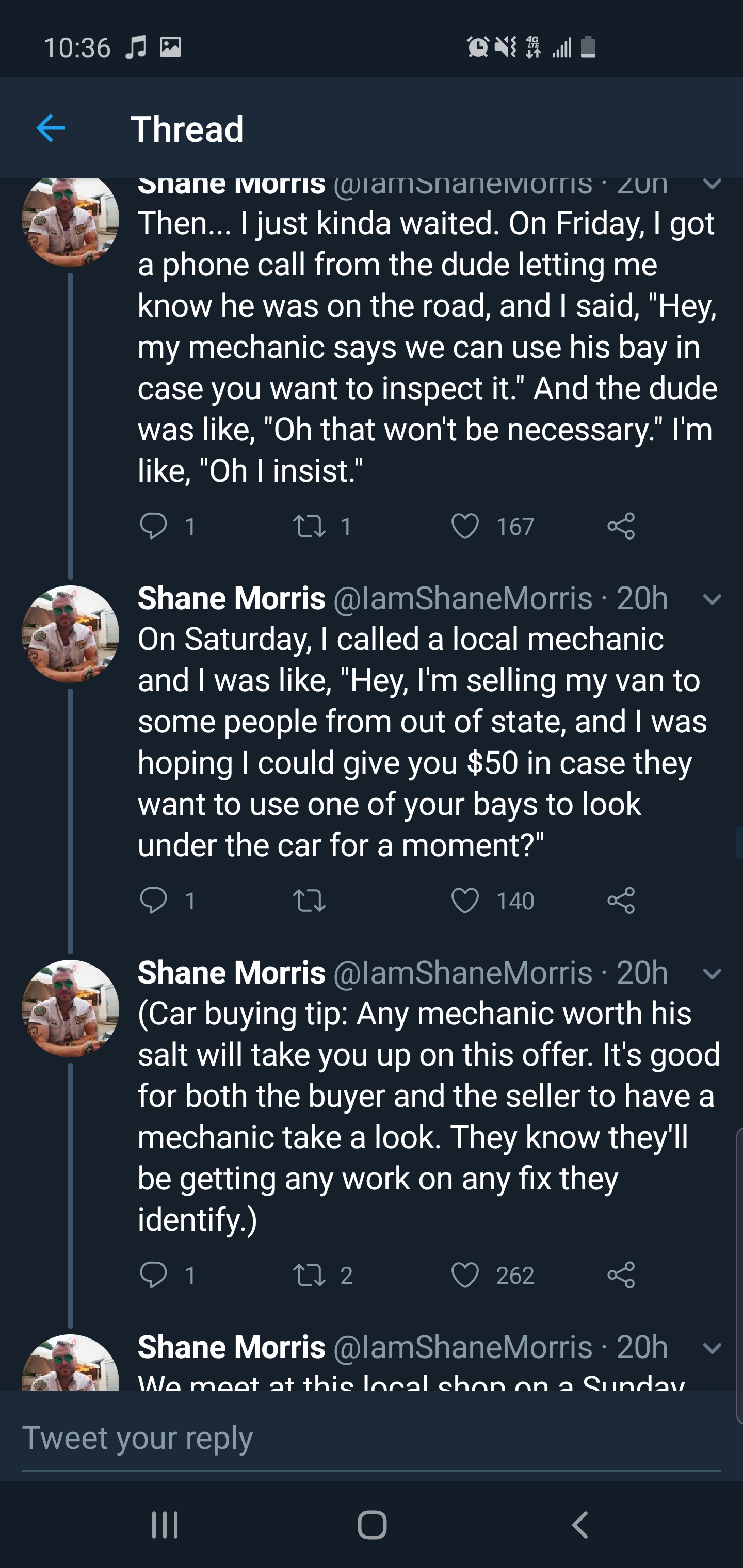 screenshot - 29 Ou Thread Onane Morrisdinates Then... I just kinda waited. On Friday, I got a phone call from the dude letting me know he was on the road, and I said, "Hey. my mechanic says we can use his bay in case you want to inspect it.' And the dude 