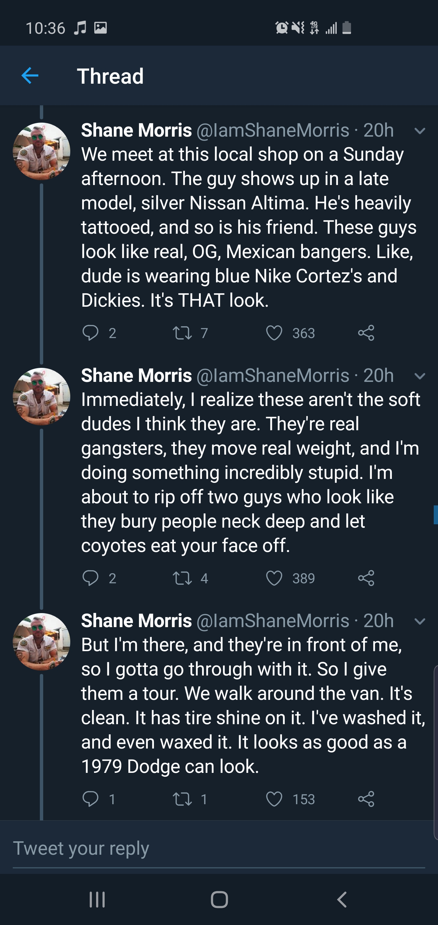 screenshot - A On Thread Shane Morris 20h We meet at this local shop on a Sunday afternoon. The guy shows up in a late model, silver Nissan Altima. He's heavily tattooed, and so is his friend. These guys look real, Og, Mexican bangers. , dude is wearing b