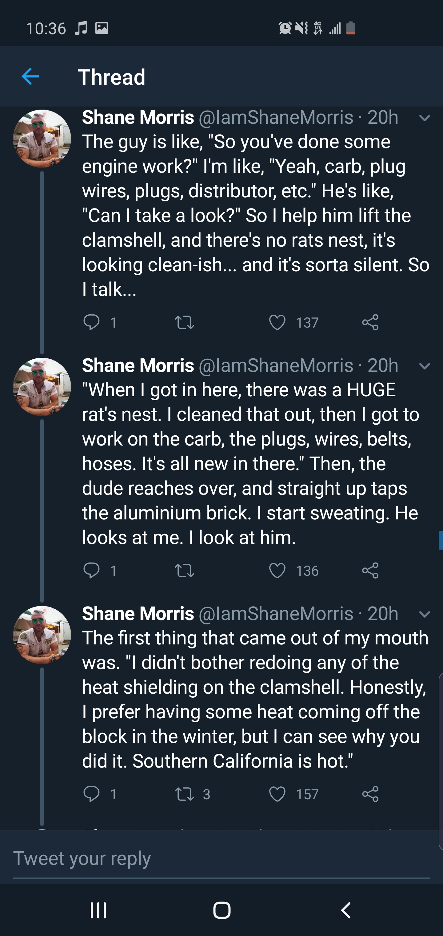 screenshot - On Thread Shane Morris 20h The guy is , 'So you've done some engine work?" I'm , "Yeah, carb, plug wires, plugs, distributor, etc." He's , "Can I take a look?' So I help him lift the clamshell, and there's no rats nest, it's looking cleanish.