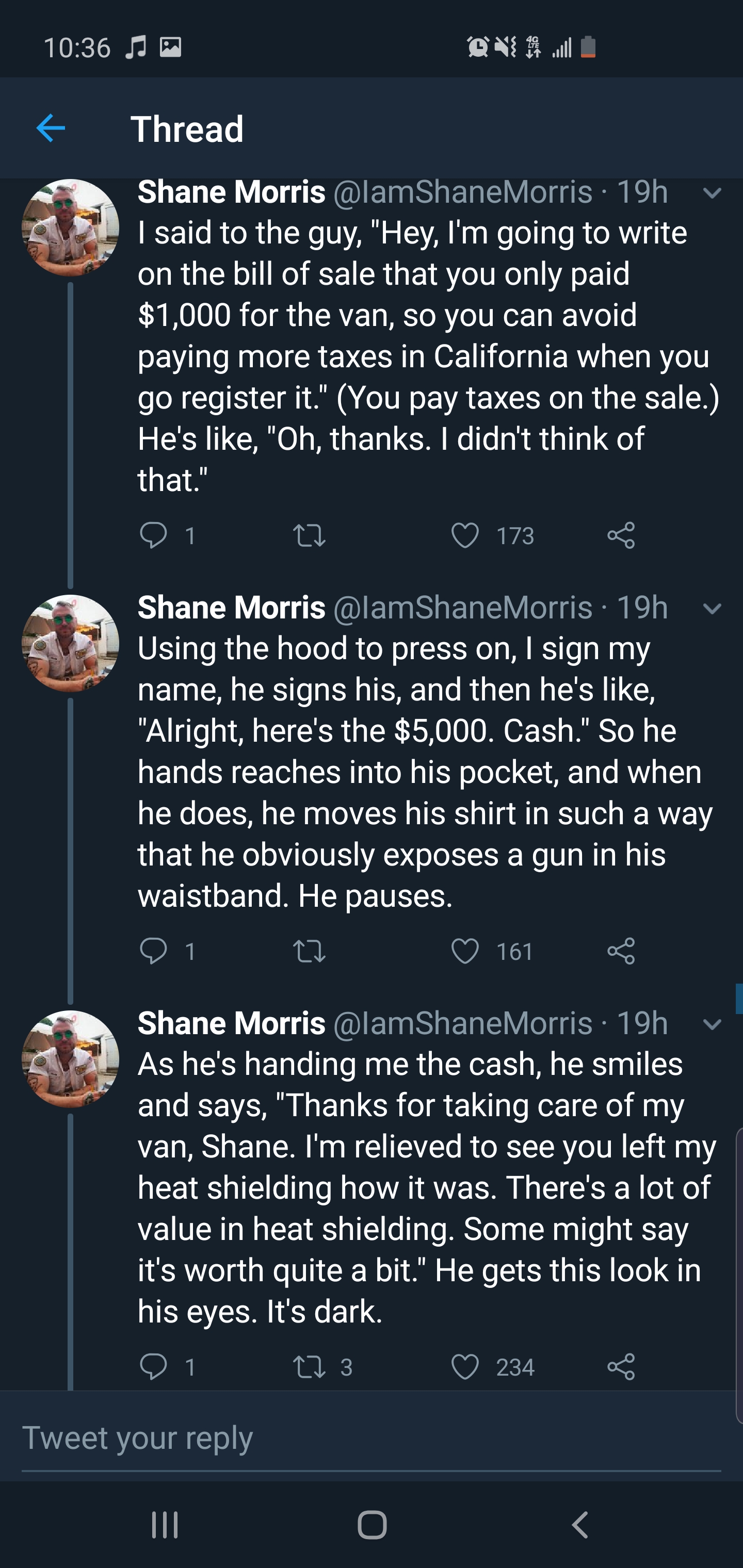 screenshot - Pe On Thread Shane Morris 19h I said to the guy, "Hey, I'm going to write on the bill of sale that you only paid $1,000 for the van, so you can avoid paying more taxes in California when you go register it." You pay taxes on the sale. He's , 