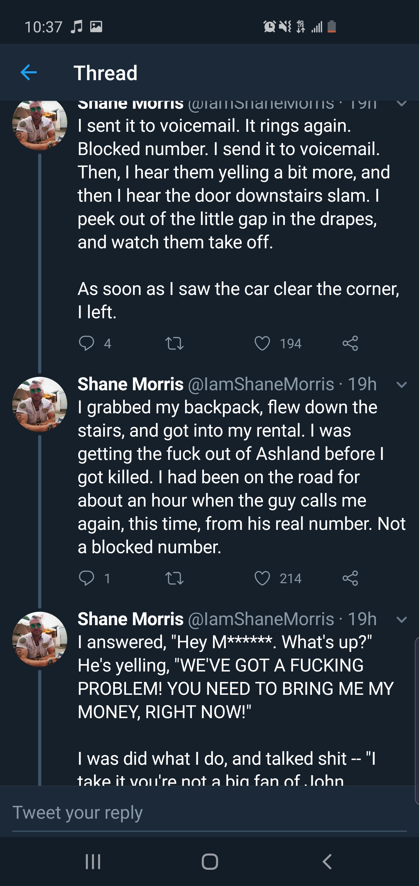 screenshot - 2 Ona Thread Onane Moms MS1911 1 sent it to voicemail. It rings again. Blocked number. I send it to voicemail. Then, I hear them yelling a bit more, and then I hear the door downstairs slam. I peek out of the little gap in the drapes, and wat