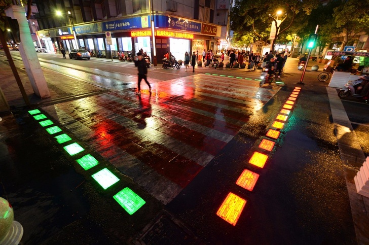 A smart crosswalk to help pedestrians at night.
