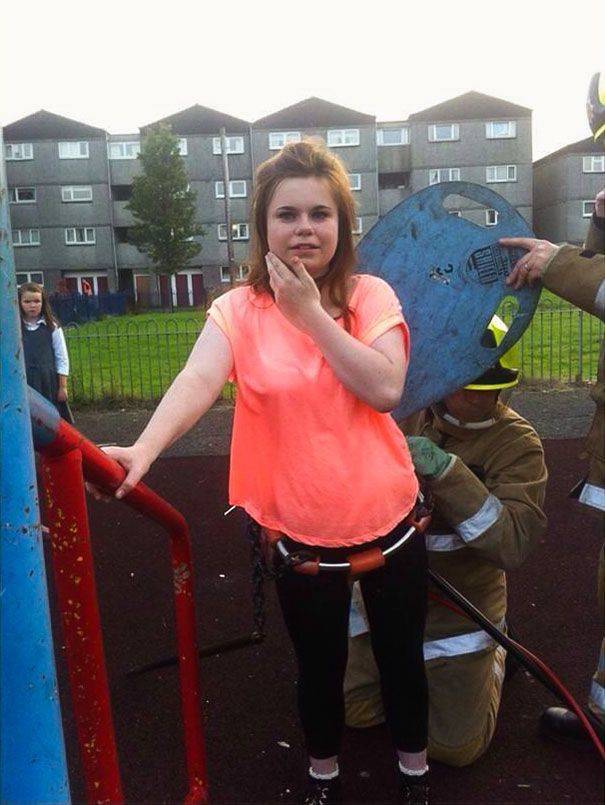 women stuck in park baby swings -