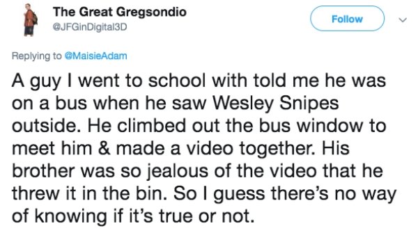 lies people have told - The Great Gregsondio Digital3D A guy I went to school with told me he was on a bus when he saw Wesley Snipes outside. He climbed out the bus window to meet him & made a video together. His brother was so jealous of the video that h