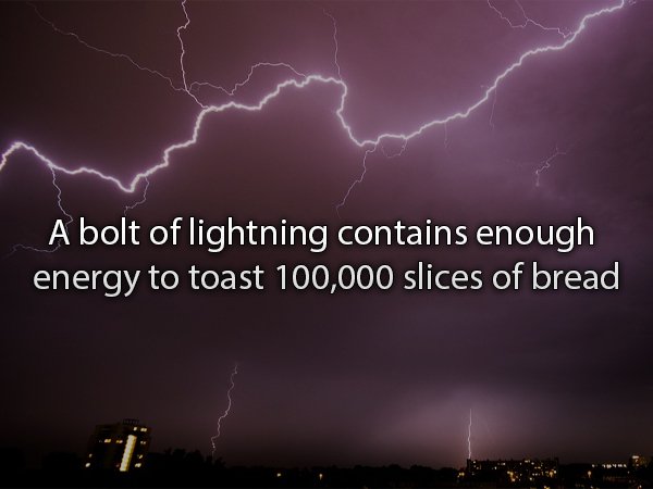 sky - A bolt of lightning contains enough energy to toast 100,000 slices of bread