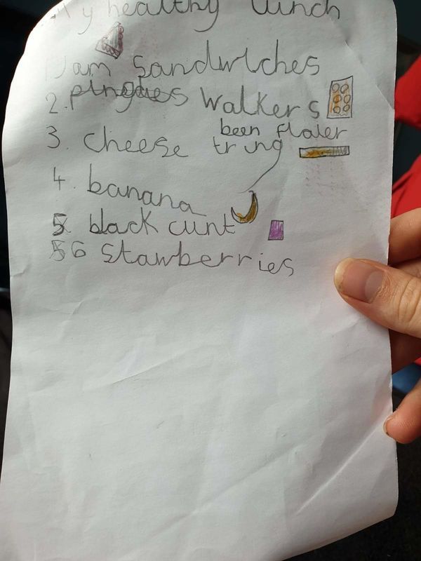 handwriting - y healthy linch am Sandwiches 2. pingues Walkers been flater 3. Cheese tring 4. banana 5. black cunt A6 stawberries